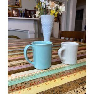 VINTAGE Ultima China Heavy Coffee Mug white Turquoise Corning LOT of 2 MUGS